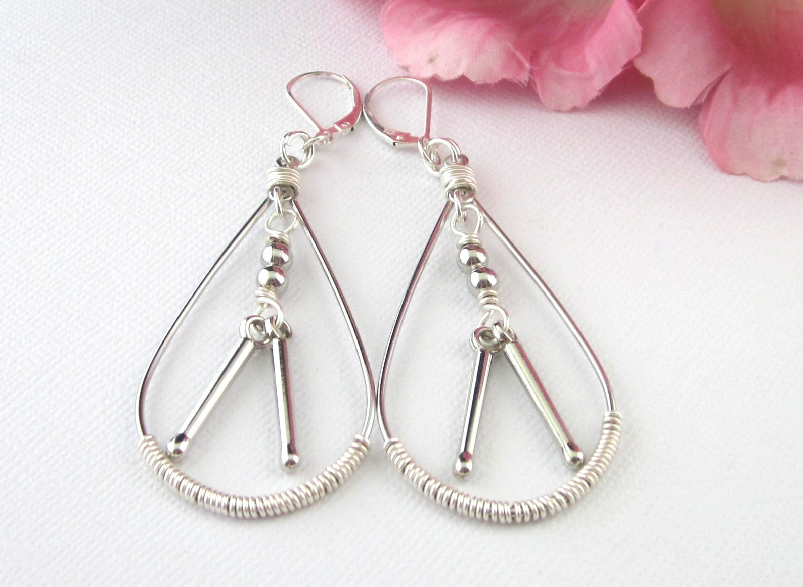 Drumstick Earrings in Wire Wrapped Teardrop Shape Hoops Etsy