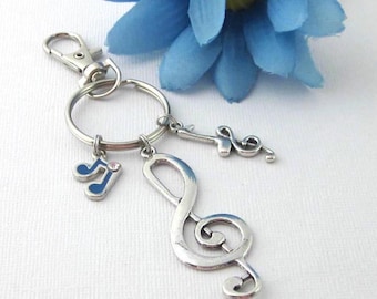 Treble Clef Keychain: Silver Music Note Charms, Blue Enamel Accent