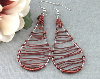 Copper Brown And Silver Wire Wrapped Earrings, Large Teardrop Shape Hoop Earrings, Long Dangling, One Of A Kind Unique Earrings