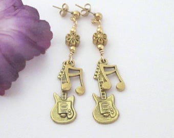 Electric Guitar Dangle Earrings: Antiqued Gold Musical Jewelry