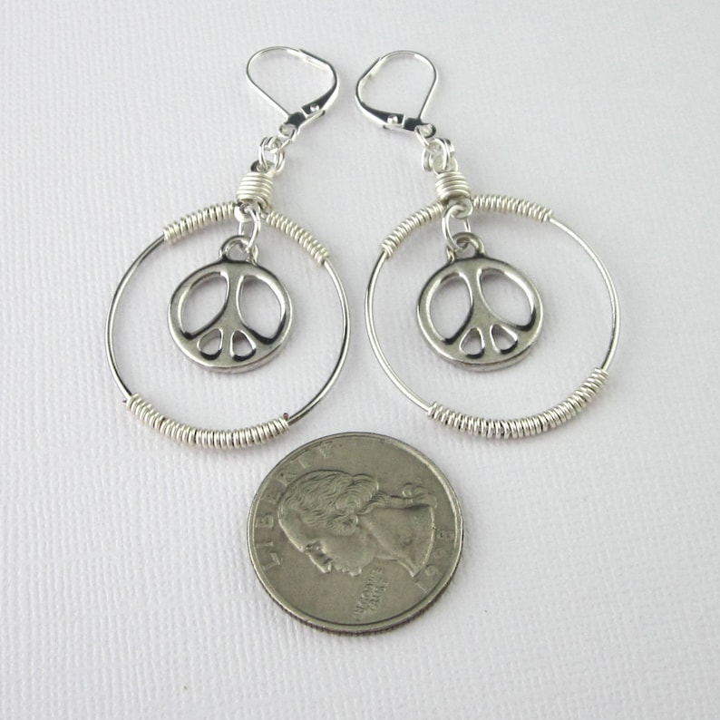Silver Peace Sign Hoop Earrings Symbolic Hippy Earrings Wire Wrapped Hoop Earrings Lever Backs Silver Peace Sign Earrings Unique
