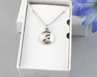 Sterling Silver Cut Out Small Sixteenth Note Necklace, 16th Note Charm And Chain, Dome Shaped Music Note Necklace, Music Jewelry Gifts