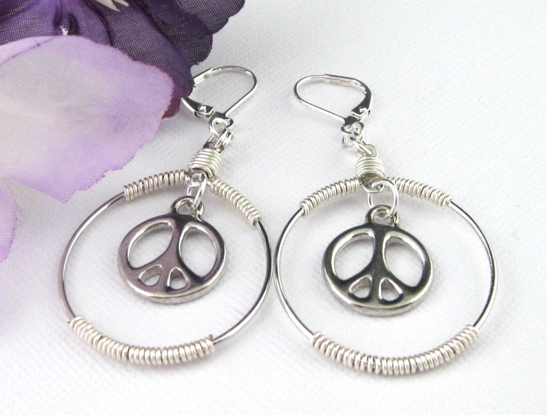 Silver Peace Sign Hoop Earrings Symbolic Hippy Earrings Wire Wrapped Hoop Earrings Lever Backs Silver Peace Sign Earrings Unique