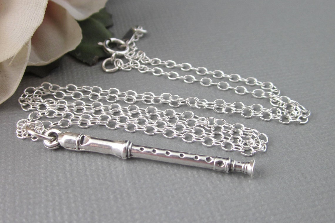 Recorder Instrument Necklace Sterling Silver Charm And Chain Etsy