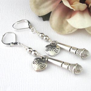 Microphone Lever Back Earrings: Engraved Heart Charm, Karaoke Gift