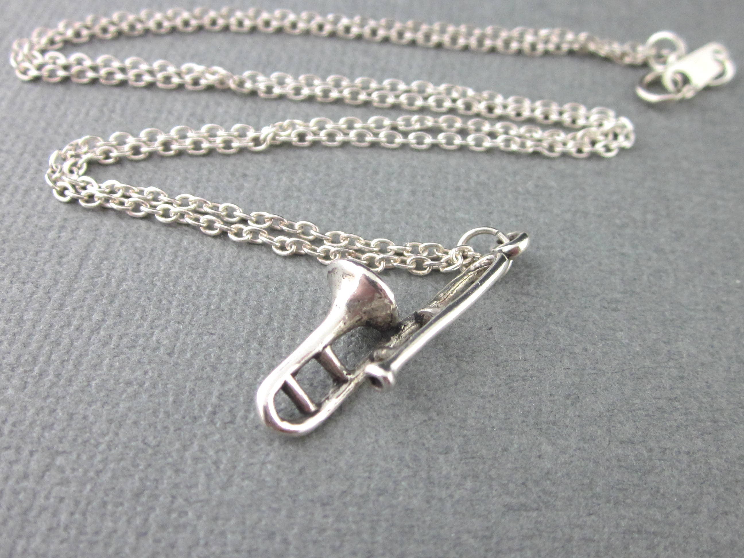 Sterling Silver Trombone Necklace,.925, Dimensional Trombone Charm and