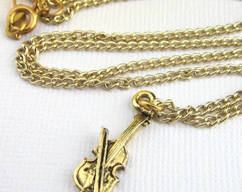 Antiqued Gold Pewter Bass Fiddle Charm With Steel Chain Necklace, Vintage Look Musical Instrument Jewelry, Includes Gift Box