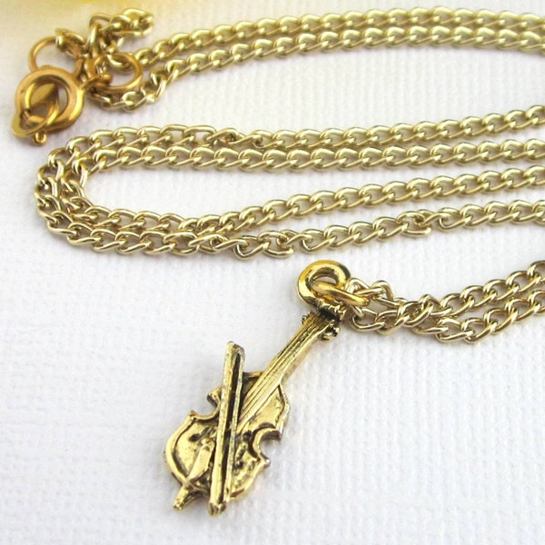 Antiqued Gold Pewter Bass Fiddle Charm With Steel Chain Necklace, Vintage Look Musical Instrument Jewelry, Includes Gift Box