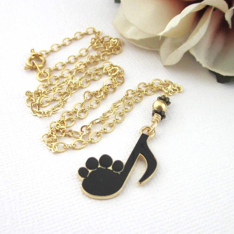 Black and Gold Both Paw Print And Music 8th Note Pendant Necklace, Music Lover Jewelry, Animal Lover Jewelry, Youthful Necklace For Teen image 2