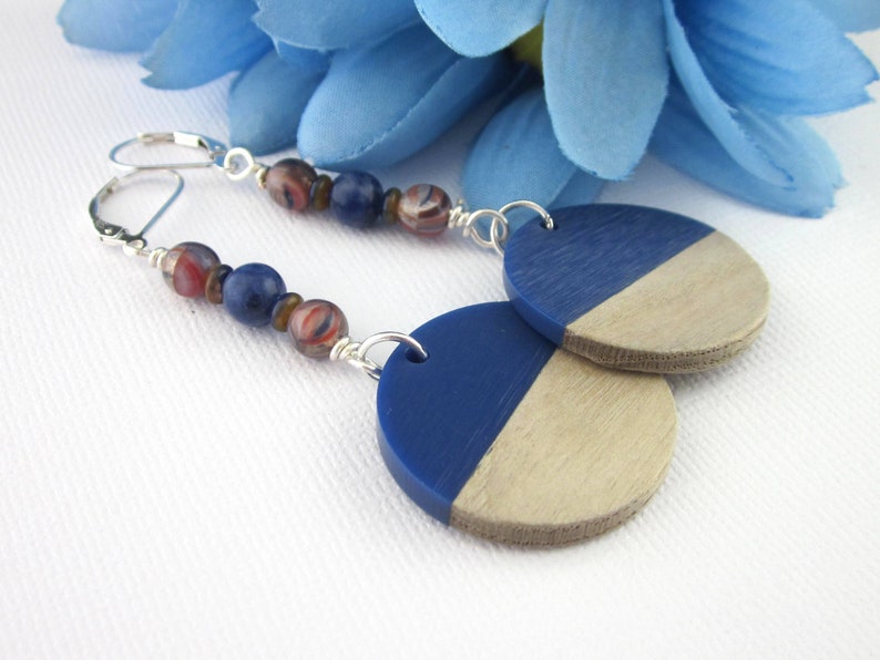 Royal Blue Wood Disc Earrings Half Resin Dark Indigo Blue image 0