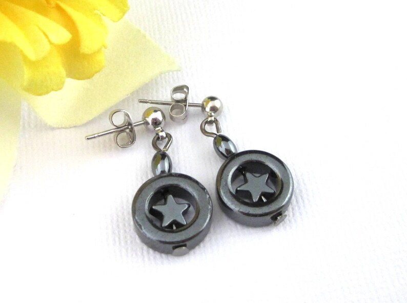 Stainless Steel Posts Small Hematite Star In Hoop Earrings 4th Of July Earrings