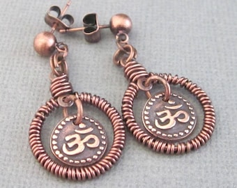 Small Om Hoop Earrings, Copper Wire Wrapped, Post Earrings, Yoga Jewelry Gift, Short Length Copper Charm Earrings