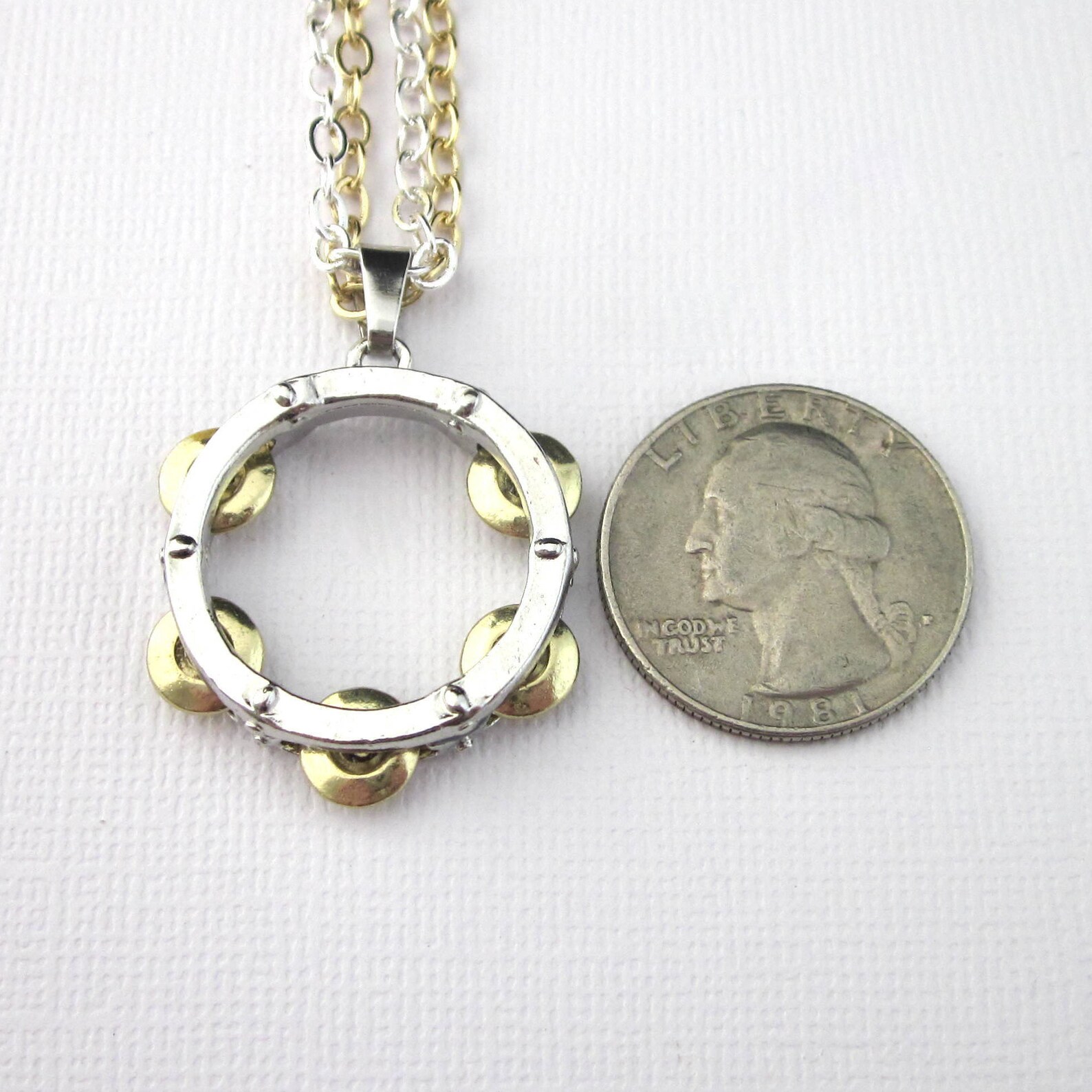 Tambourine Pendant Necklace Two Chains Both Silver and Gold Etsy