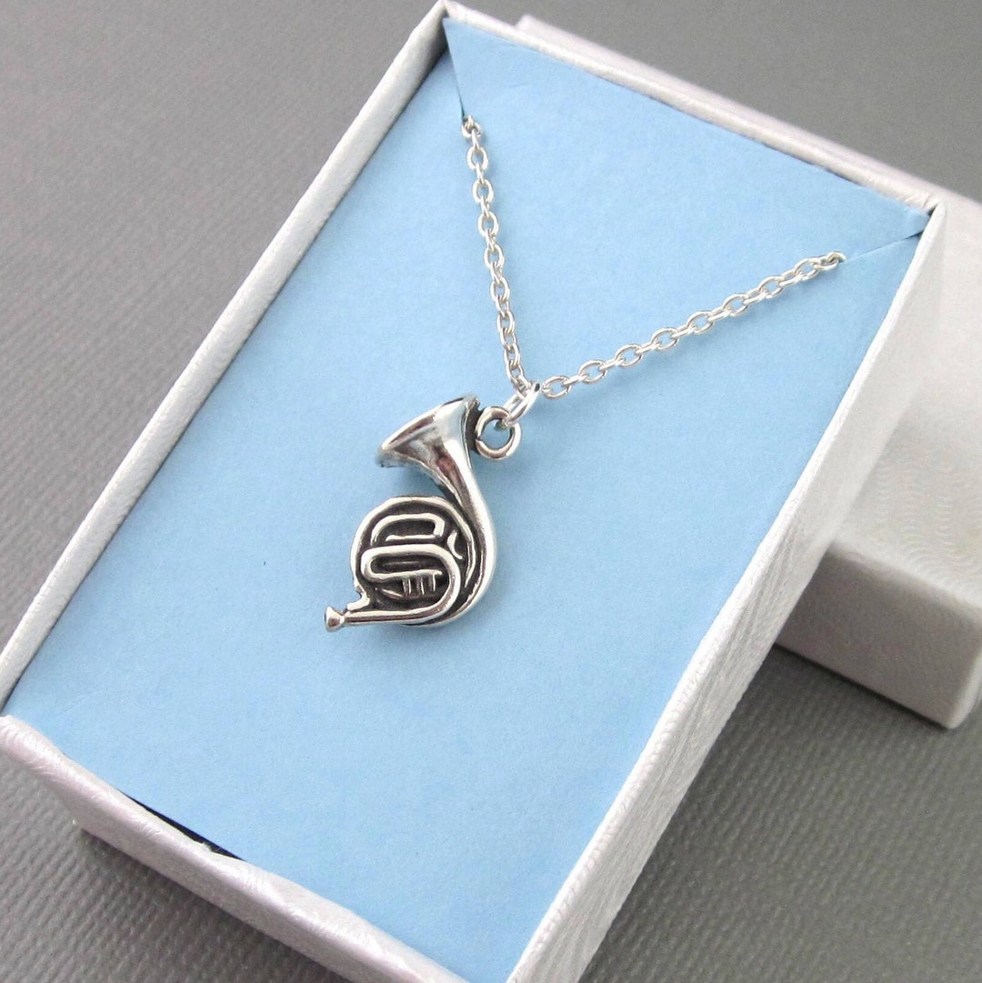Sterling Silver French Horn Necklace, 3 D French Horn Charm and Chain