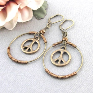 Peace Sign Earrings, Antiqued Brass, Dangling Peace Sign Charm Earrings, Wire Wrapped Hoop Earrings, Hippie Boho, Peace Sign Jewelry image 6