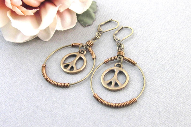 Peace Sign Earrings, Antiqued Brass, Dangling Peace Sign Charm Earrings, Wire Wrapped Hoop Earrings, Hippie Boho, Peace Sign Jewelry image 6