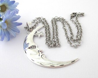 Large Crescent Moon Pendant Necklace: Man in the Moon, Celestial Jewelry