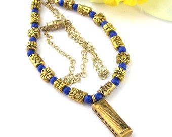 Gold Brass Harmonica Necklace With Blue Beads, Harmonica Charm Necklace, Half Chain Necklace, Harmonica Jewelry, Musical Instrument Jewelry