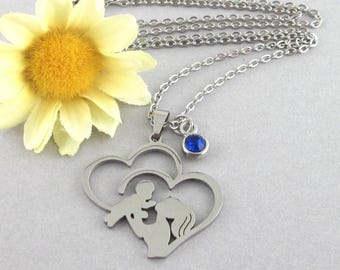 Collar con colgante de silueta de corazón de madre y bebé de acero inoxidable, personalizado con piedra de nacimiento.