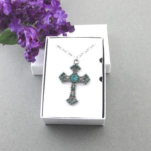 Antiqued Silver Easter Cross Pendant Necklace, Green Blue Stones & Crystal
