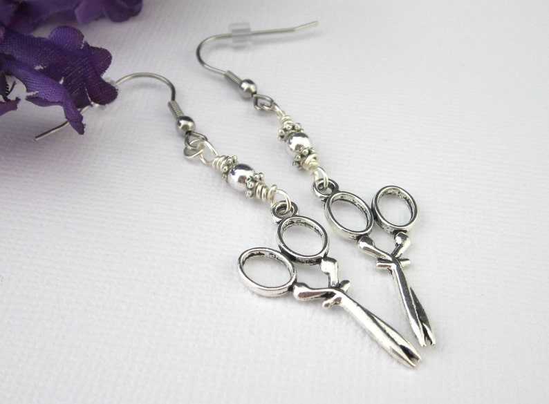 Scissor Earrings Dangling With Silver Beads Surgical Steel Etsy