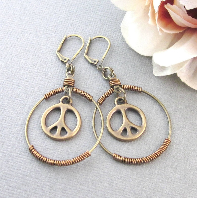 Peace Sign Earrings, Antiqued Brass, Dangling Peace Sign Charm Earrings, Wire Wrapped Hoop Earrings, Hippie Boho, Peace Sign Jewelry image 1