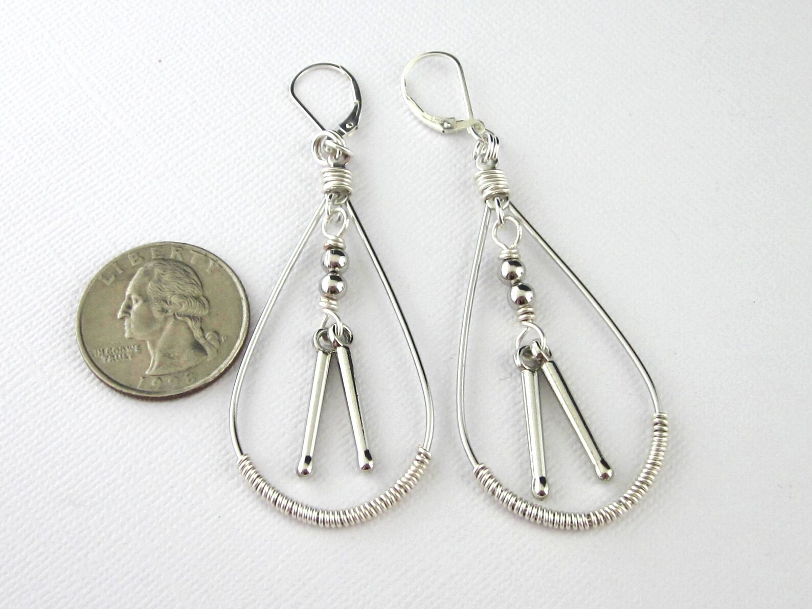 Drumstick Earrings in Wire Wrapped Teardrop Shape Hoops, Percussionist