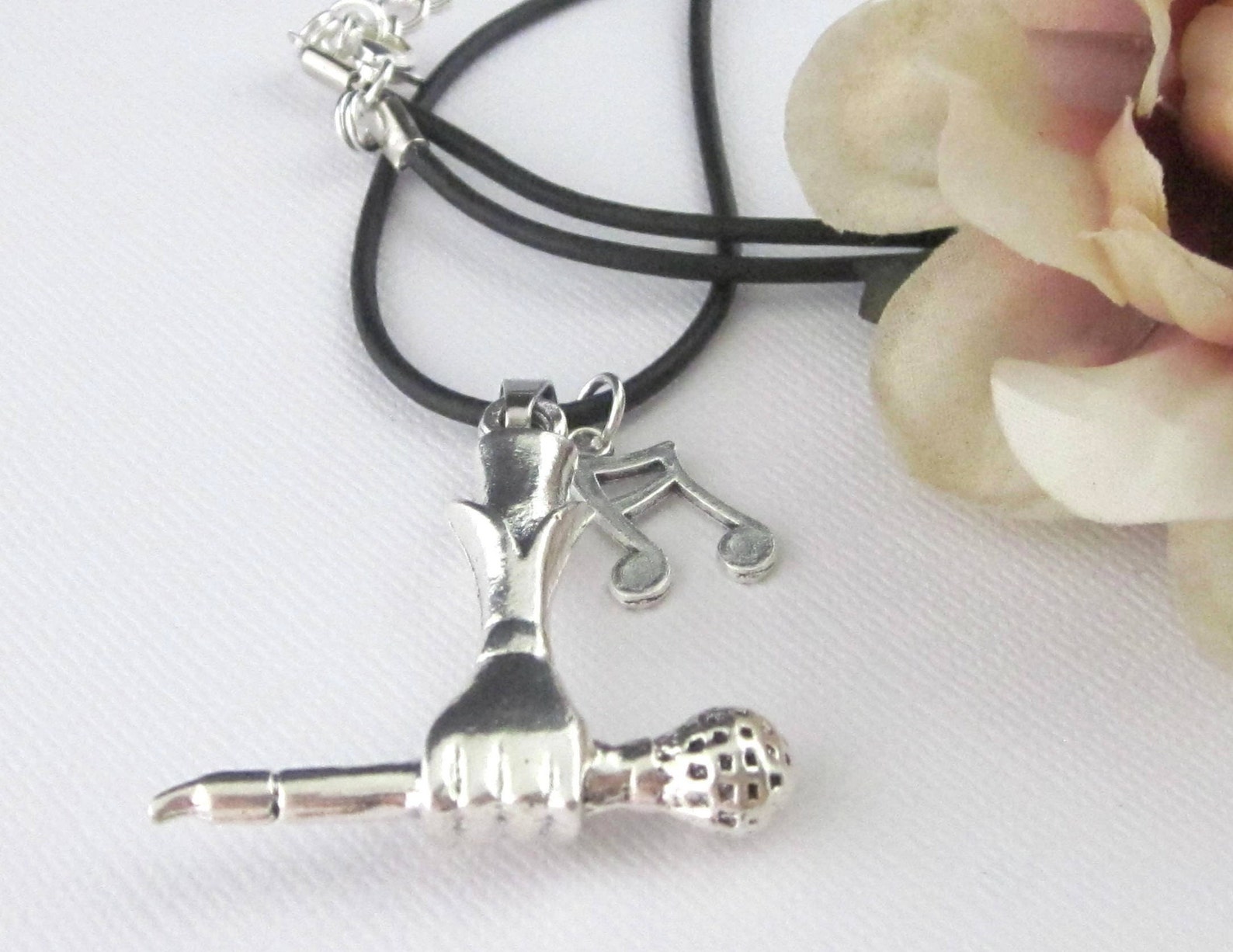 Microphone Pendant Necklace With Adjustable Leather Cord Hand Etsy