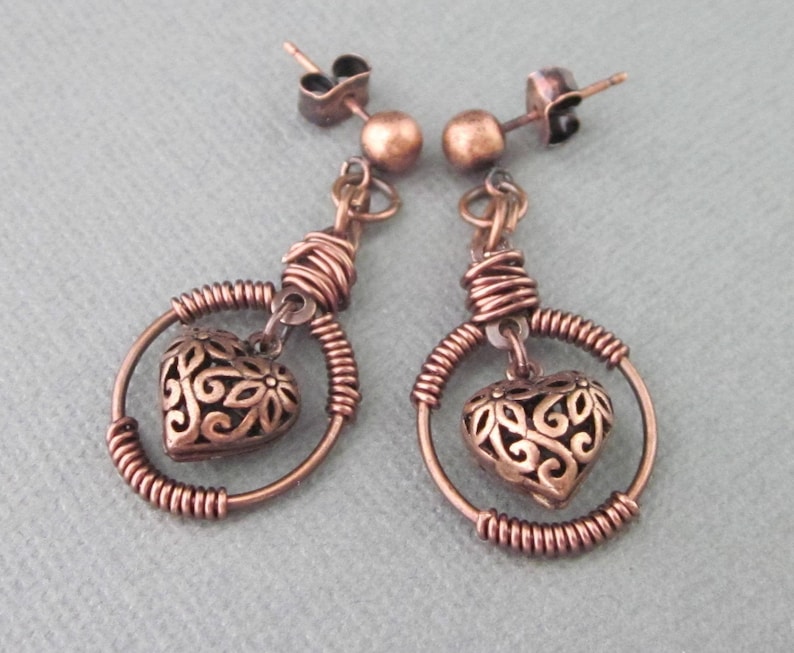 Copper Filigree Heart Earrings Heart Post Earrings Copper image 0