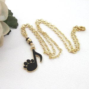 Black and Gold Both Paw Print And Music 8th Note Pendant Necklace, Music Lover Jewelry, Animal Lover Jewelry, Youthful Necklace For Teen image 5