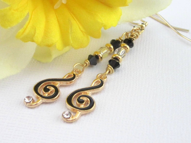 Black And Gold Treble Clef Earrings Treble Clef Gold Filled image 0