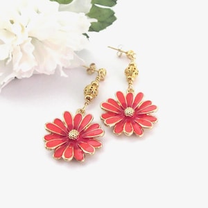 Dark Orange Flower Earrings, Orange, Red And Gold Daisy Earrings, 14k Gold Filled Post Earrings, Birthday Gift For Her, Gift For Mom