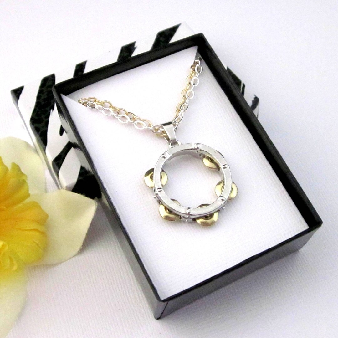 Tambourine Pendant Necklace Two Chains Both Silver and Gold, Music