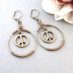 Peace Sign Earrings, Antiqued Brass, Dangling Peace Sign Charm Earrings, Wire Wrapped Hoop Earrings, Hippie Boho, Peace Sign Jewelry image 8