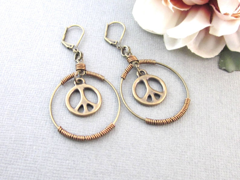 Peace Sign Earrings, Antiqued Brass, Dangling Peace Sign Charm Earrings, Wire Wrapped Hoop Earrings, Hippie Boho, Peace Sign Jewelry image 8