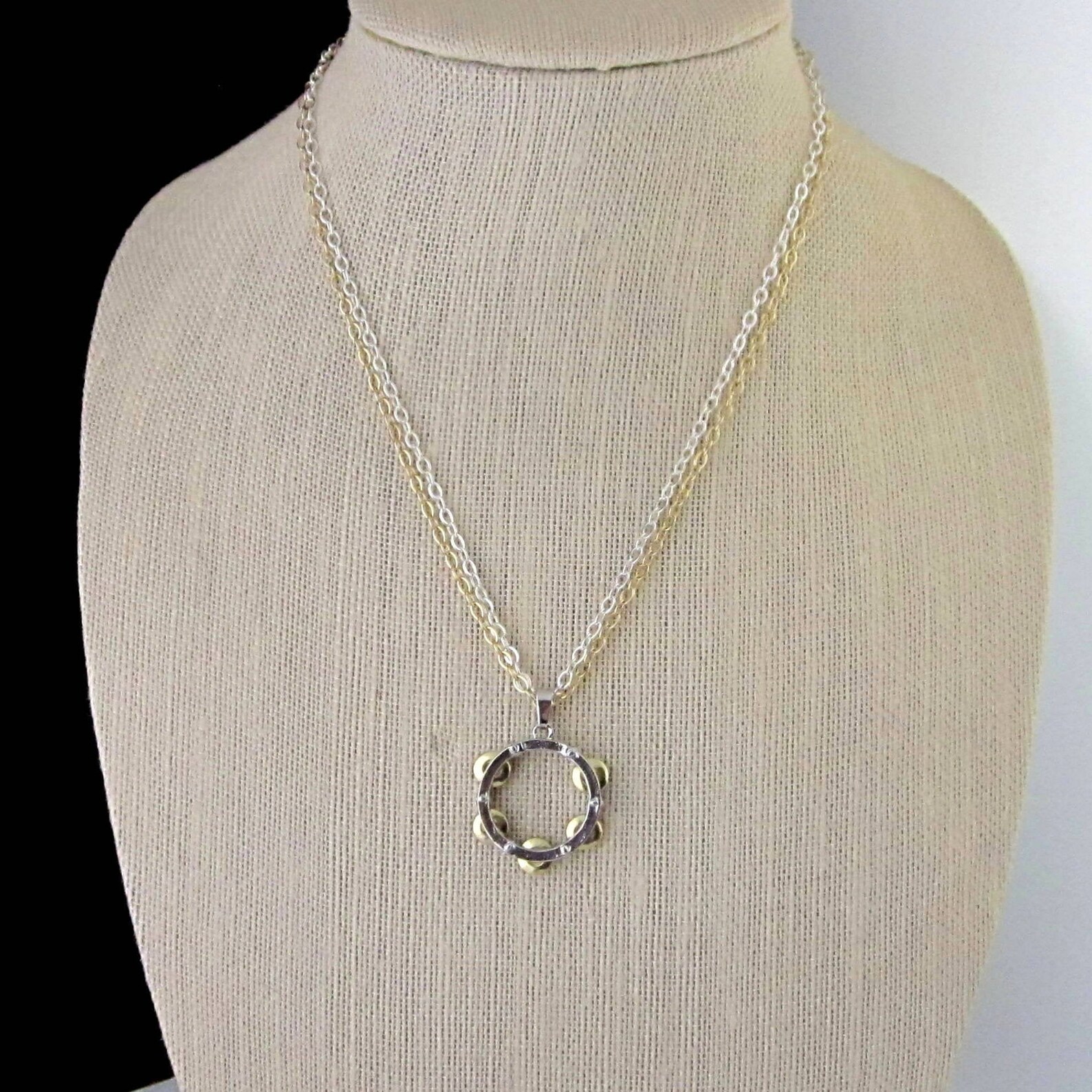 Tambourine Pendant Necklace Two Chains Both Silver and Gold Etsy