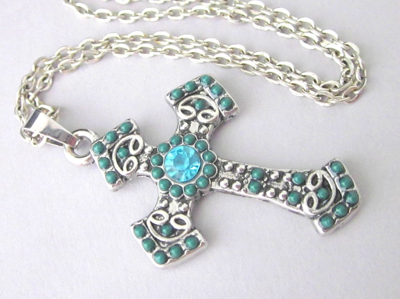 Green And Blue Cross Pendant Stone And Crystal Cross image 0