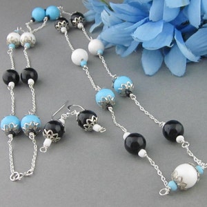 Extra Long Necklace With Light Blue, White And Black Beads, Linked With Sterling Silver Chain, Includes Earrings, Floating Bead Necklace