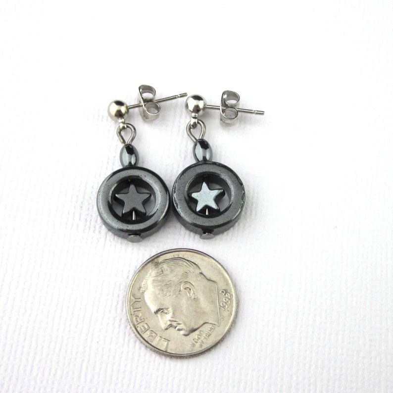 Stainless Steel Posts Small Hematite Star In Hoop Earrings 4th Of July Earrings