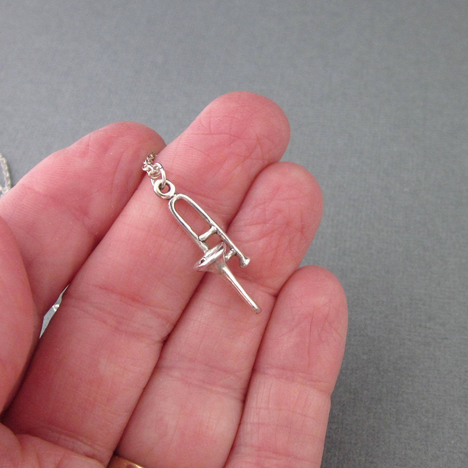 Sterling Silver Trombone Necklace,.925, Dimensional Trombone Charm and