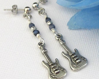 Small Electric Rock Guitar Earrings With Blue Dumortierite Gemstones, Surgical Steel Posts & Clutches or Stainless Steel Hook Earrings