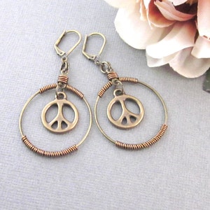 Peace Sign Earrings, Antiqued Brass, Dangling Peace Sign Charm Earrings, Wire Wrapped Hoop Earrings, Hippie Boho, Peace Sign Jewelry image 7