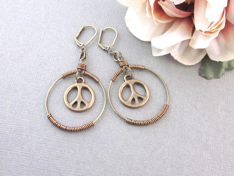 Peace Sign Earrings, Antiqued Brass, Dangling Peace Sign Charm Earrings, Wire Wrapped Hoop Earrings, Hippie Boho, Peace Sign Jewelry image 7