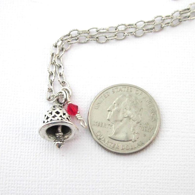Silver Filigree Bell Charm Necklace With Red Crystal: 3D Christmas Bell Pendant image 2
