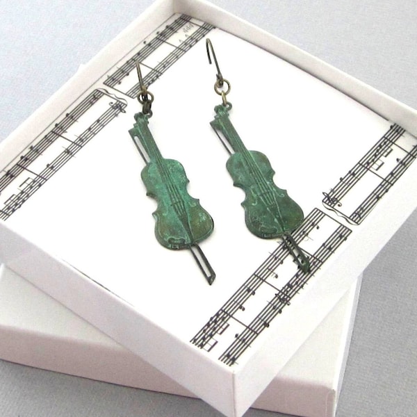 Long Violin Earrings With Turquoise Green Patina, Antiqued Brass Stamping, Lever Backs, Musical Instrument Jewelry