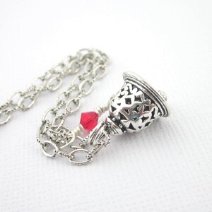 Silver Filigree Bell Charm Necklace With Red Crystal: 3D Christmas Bell Pendant image 7