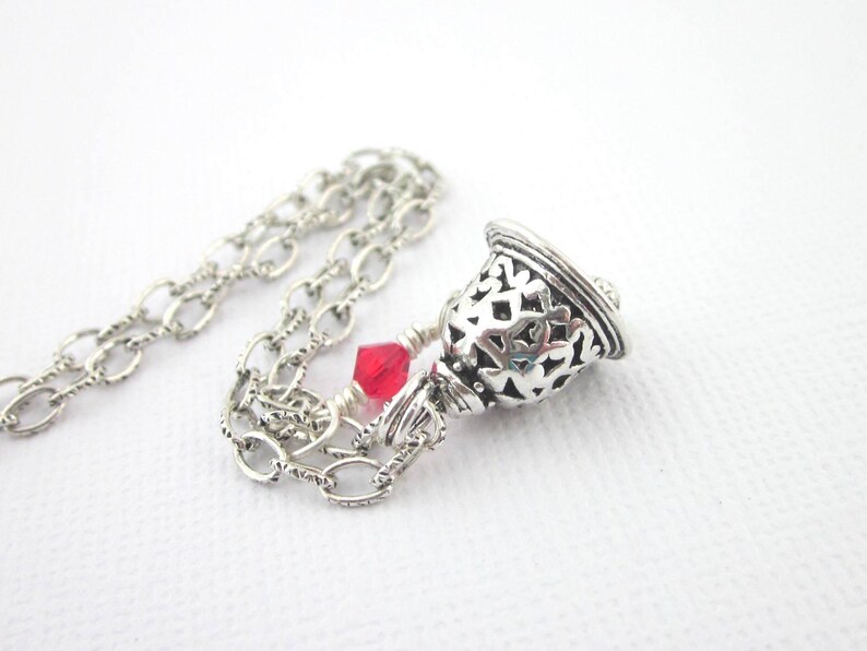 Silver Filigree Bell Charm Necklace With Red Crystal: 3D Christmas Bell Pendant image 7