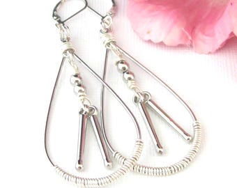 Drumstick Charms Earrings In Wire Wrapped Hoops : Sterling Silver Lever Backs