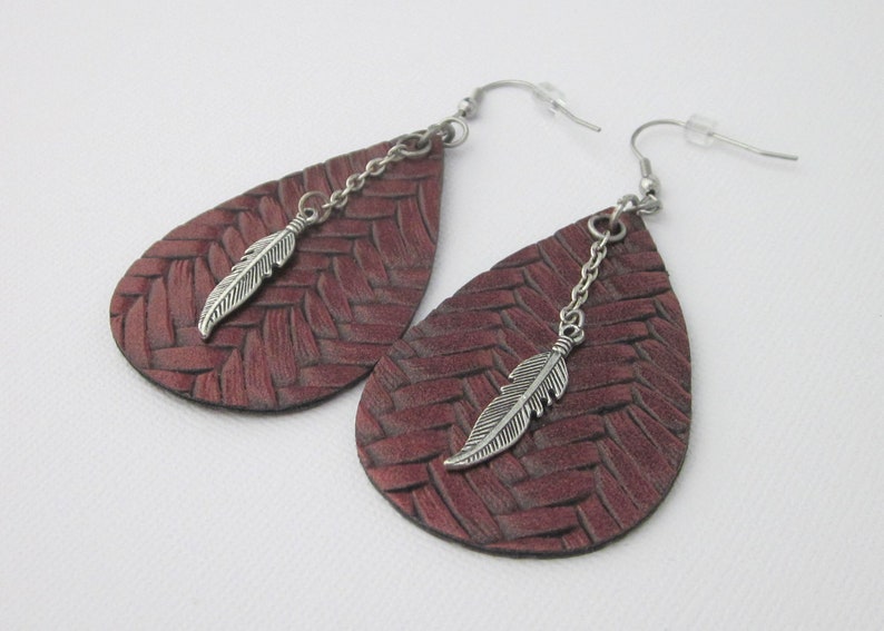 Faux Leather Large Teardrop Earrings Red Brown Rust Imitation image 0