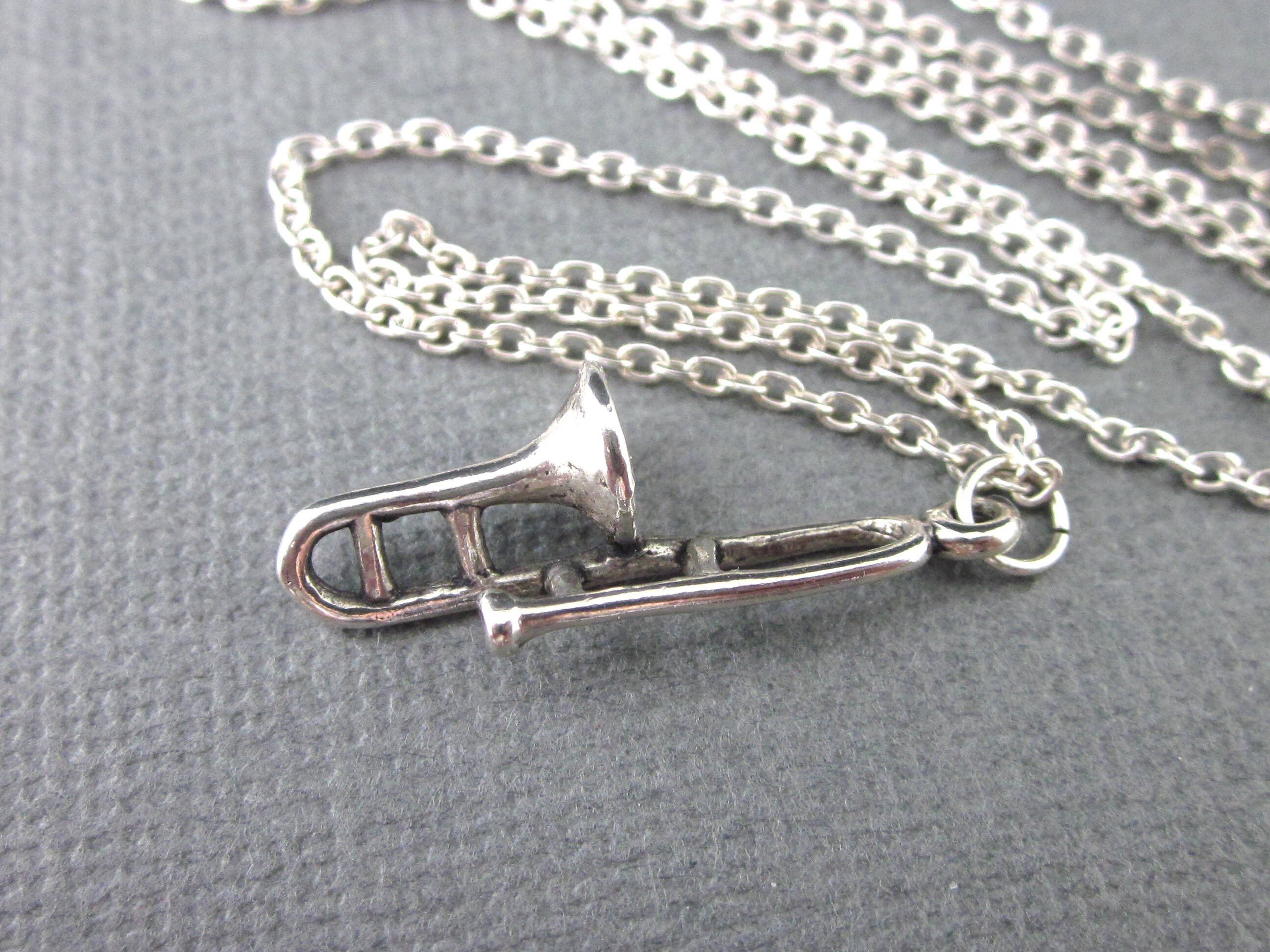 Sterling Silver Trombone Necklace,.925, Dimensional Trombone Charm and